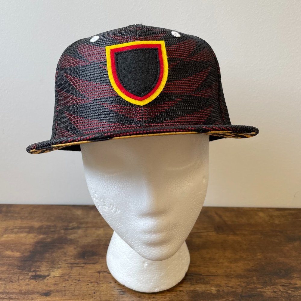 Fitted Brand Shield and Triangle Print Snapback Hat with a Textured Mesh